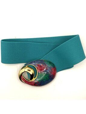 Vintage 80s Day Lor USA Wide Stretch Belt Teal Elastic Gold Statement Buckle